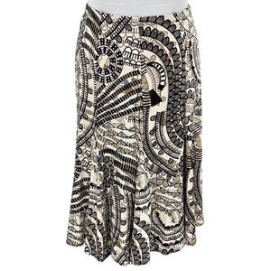 Chico's‎ Travelers Brown Tan Geometric Print A-Line Gored Hem Midi Skirt Size M